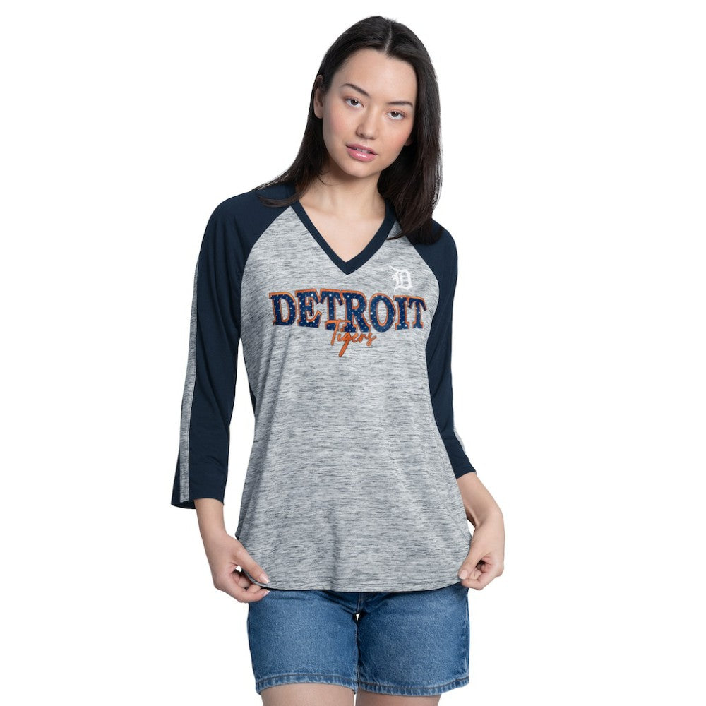 Detroit Tigers G-III 4Her by Carl Banks Women's Speed Training 3/4-Sleeve Rhinestone V-Neck T-Shirt Navy/Heather Navy
