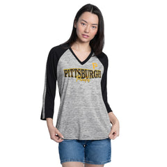 Pittsburgh Pirates G-III 4Her by Carl Banks Women's Speed Training 3/4-Sleeve Rhinestone V-Neck T-Shirt Black/Heather Black