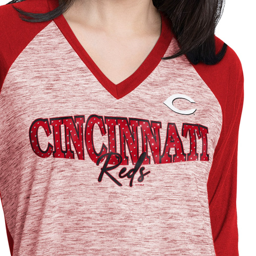 Cincinnati Reds G-III 4Her by Carl Banks Women's Speed Training 3/4-Sleeve Rhinestone V-Neck T-Shirt Red/Heather Red