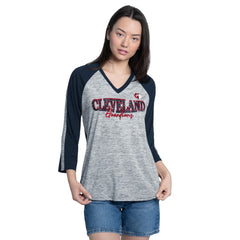 Cleveland Guardians G-III 4Her by Carl Banks Women's Speed Training 3/4-Sleeve Rhinestone V-Neck T-Shirt Navy/Heather Navy
