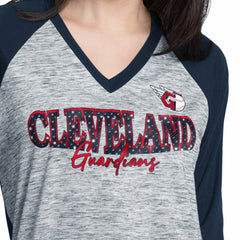 Cleveland Guardians G-III 4Her by Carl Banks Women's Speed Training 3/4-Sleeve Rhinestone V-Neck T-Shirt Navy/Heather Navy