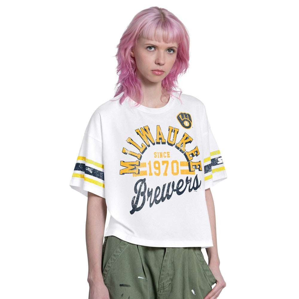 Milwaukee Brewers Starter Women's Cropped Hurry Up Offense T-Shirt White