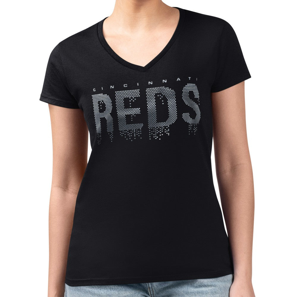 Cincinnati Reds G-III 4Her by Carl Banks Women's Metallic Drop Lightweight V-Neck T-Shirt Black