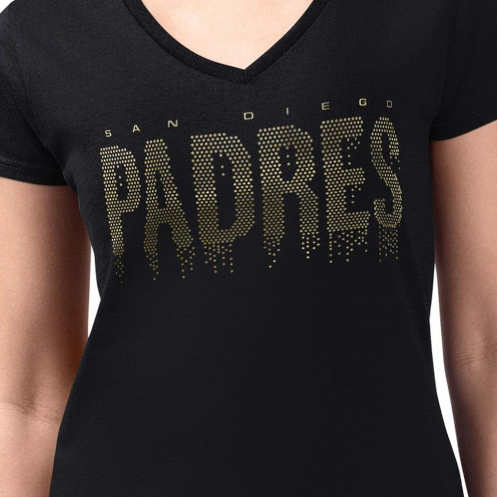 San Diego Padres G-III 4Her by Carl Banks Women's Metallic Drop Lightweight V-Neck T-Shirt Black