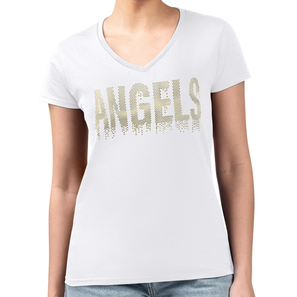 Los Angeles Angels G-III 4Her by Carl Banks Women's Metallic Drop Lightweight V-Neck T-Shirt White
