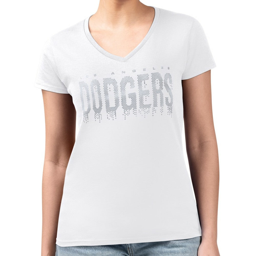 Los Angeles Dodgers G-III 4Her by Carl Banks Women's Metallic Drop Lightweight V-Neck T-Shirt White