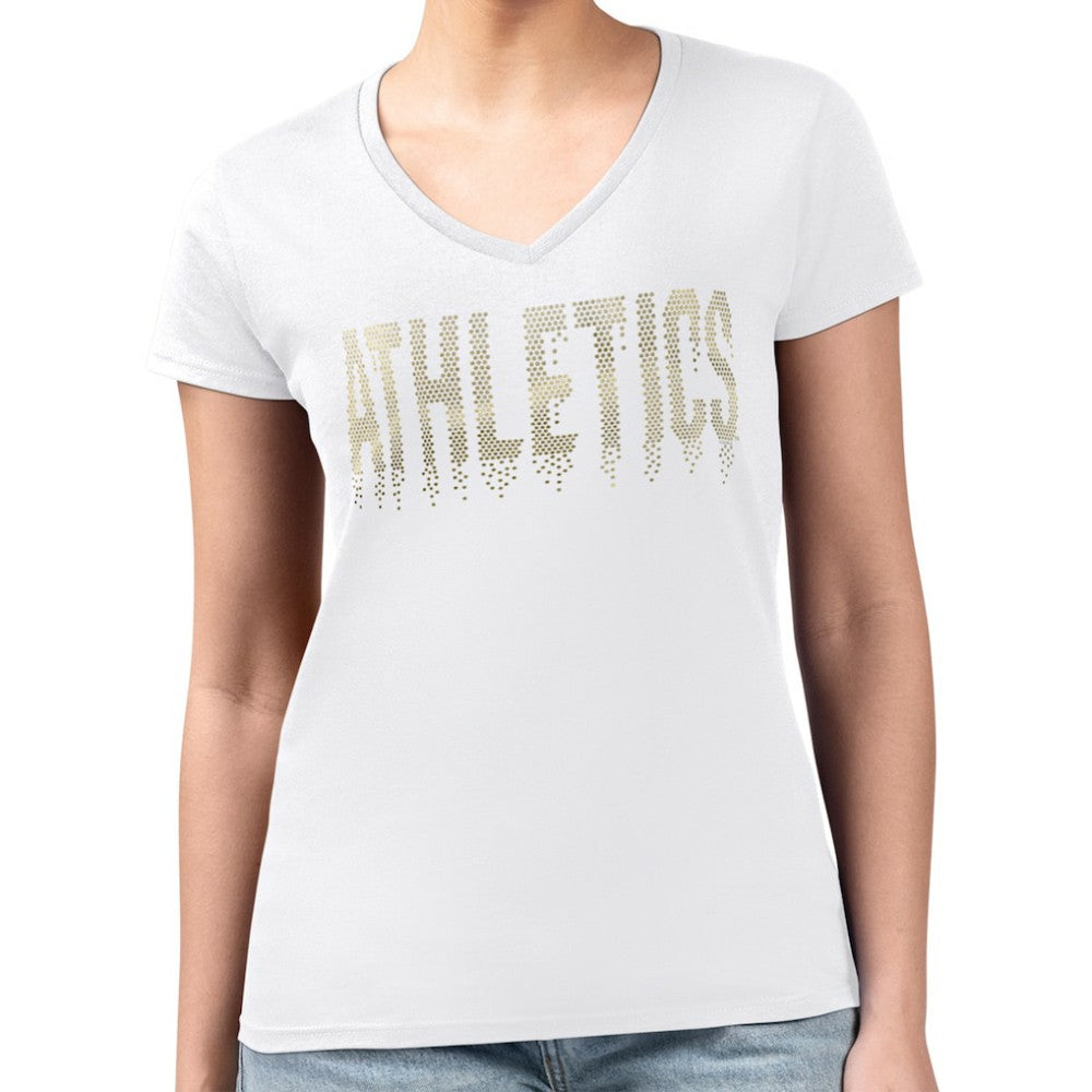 Athletics G-III 4Her by Carl Banks Women's Metallic Drop Lightweight V-Neck T-Shirt White