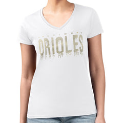 Baltimore Orioles G-III 4Her by Carl Banks Women's Metallic Drop Lightweight V-Neck T-Shirt White