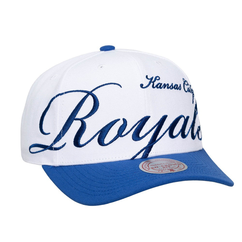 Kansas City Royals Unisex XL Script Pro Crown Snapback Hat White/Royal