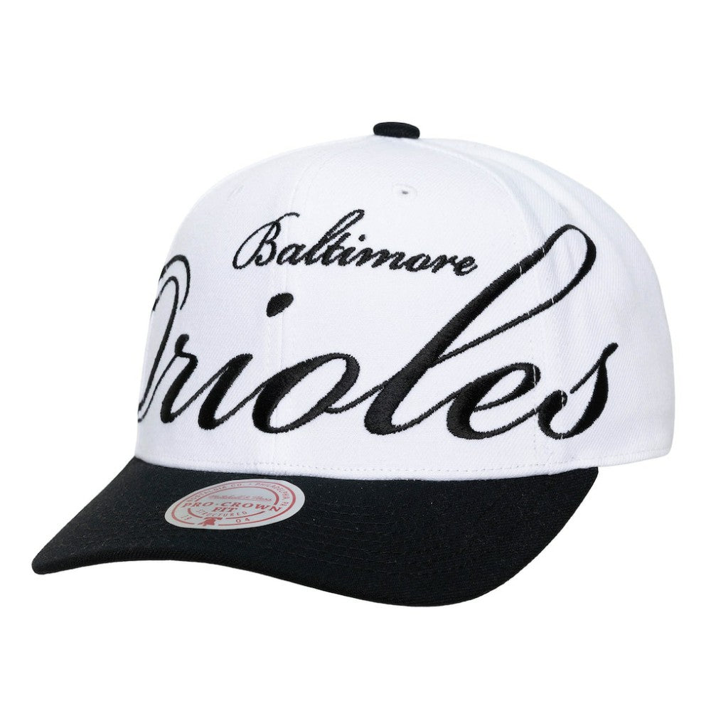 Baltimore Orioles Unisex XL Script Pro Crown Snapback Hat White/Black