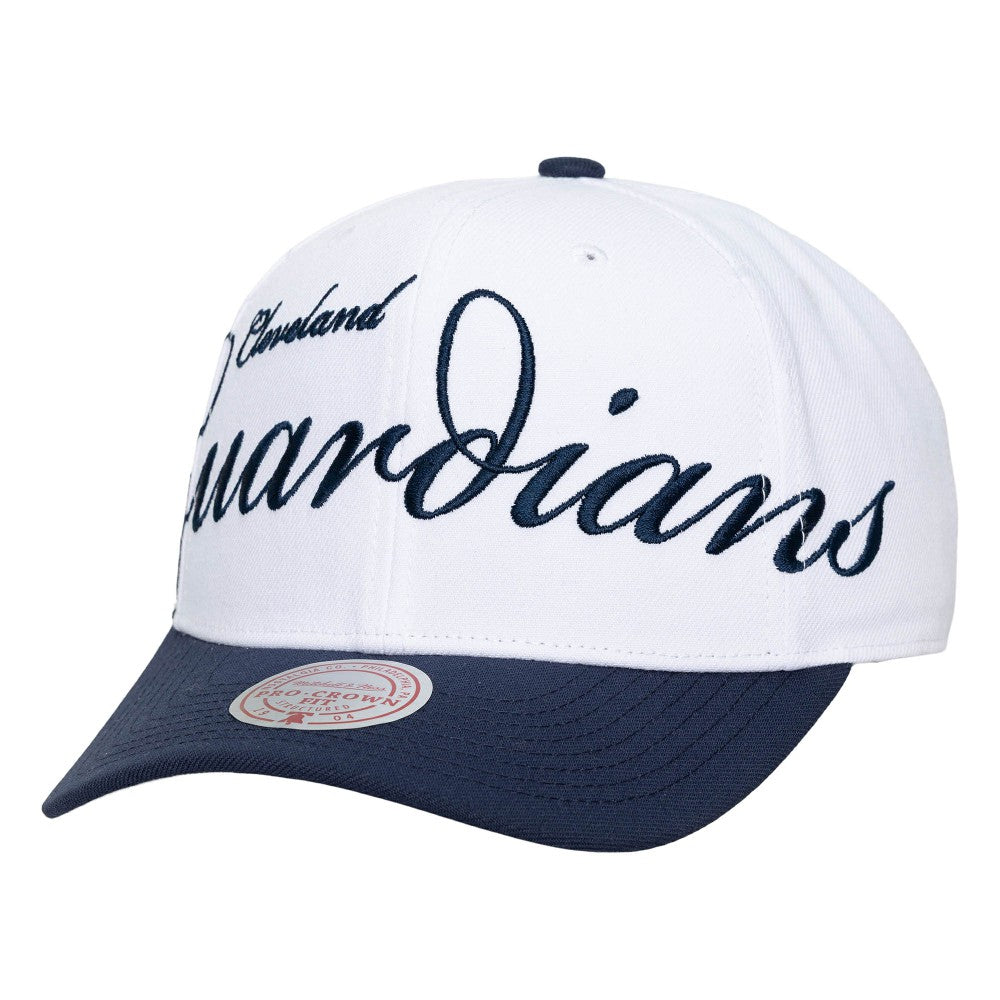 Cleveland Guardians Unisex XL Script Pro Crown Snapback Hat White/Navy