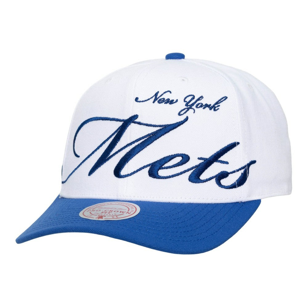New York Mets Unisex XL Script Pro Crown Snapback Hat White/Royal