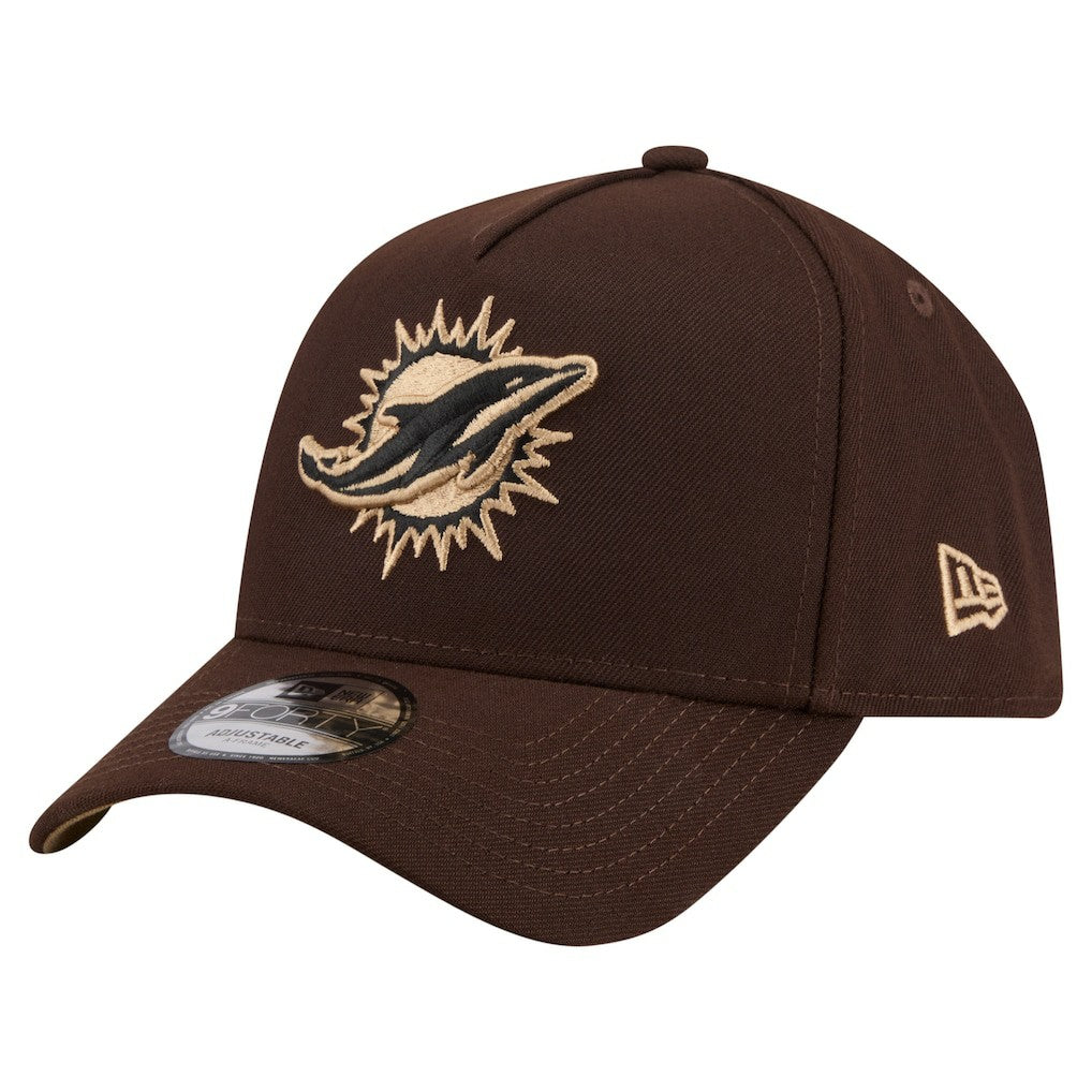 Miami Dolphins New Era Burnt Wood A-Frame 9FORTY Adjustable Hat - Dark Brown on sale