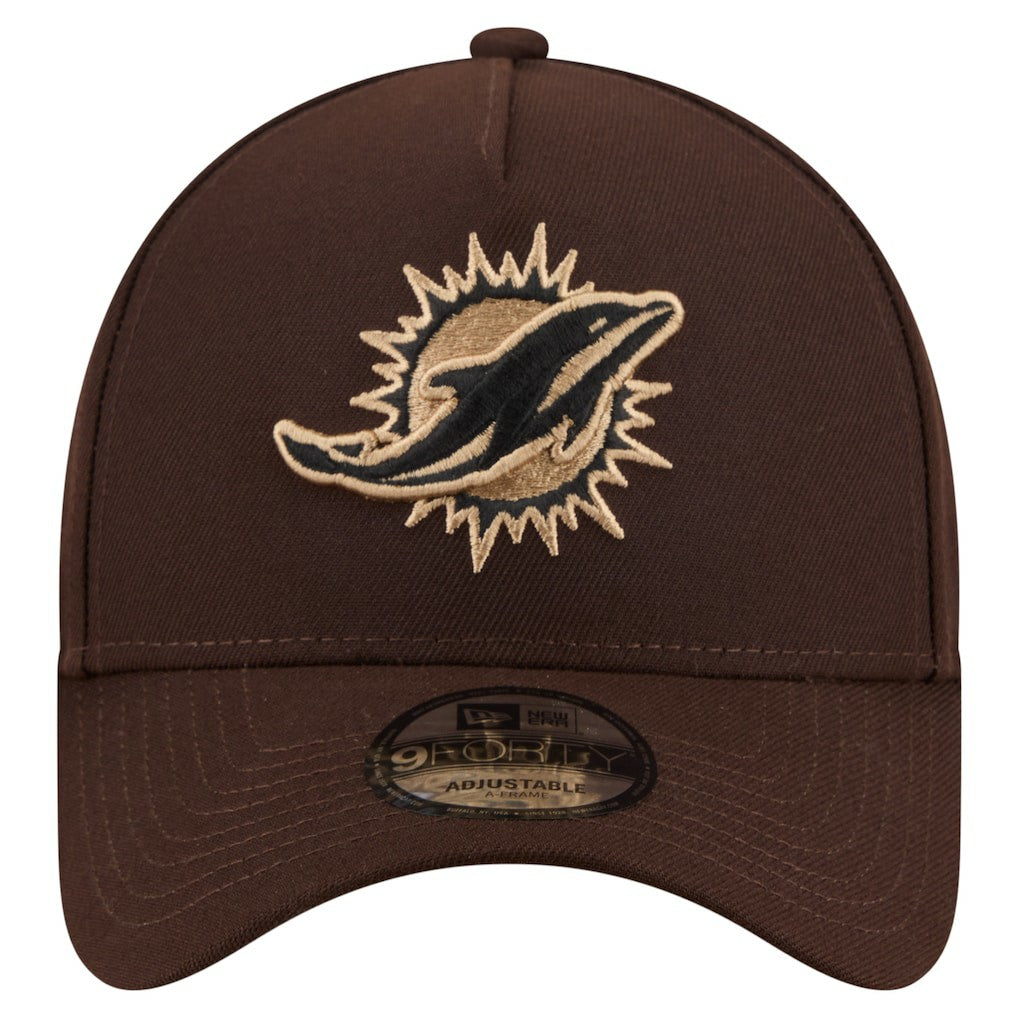 Miami Dolphins New Era Burnt Wood A-Frame 9FORTY Adjustable Hat - Dark Brown on sale