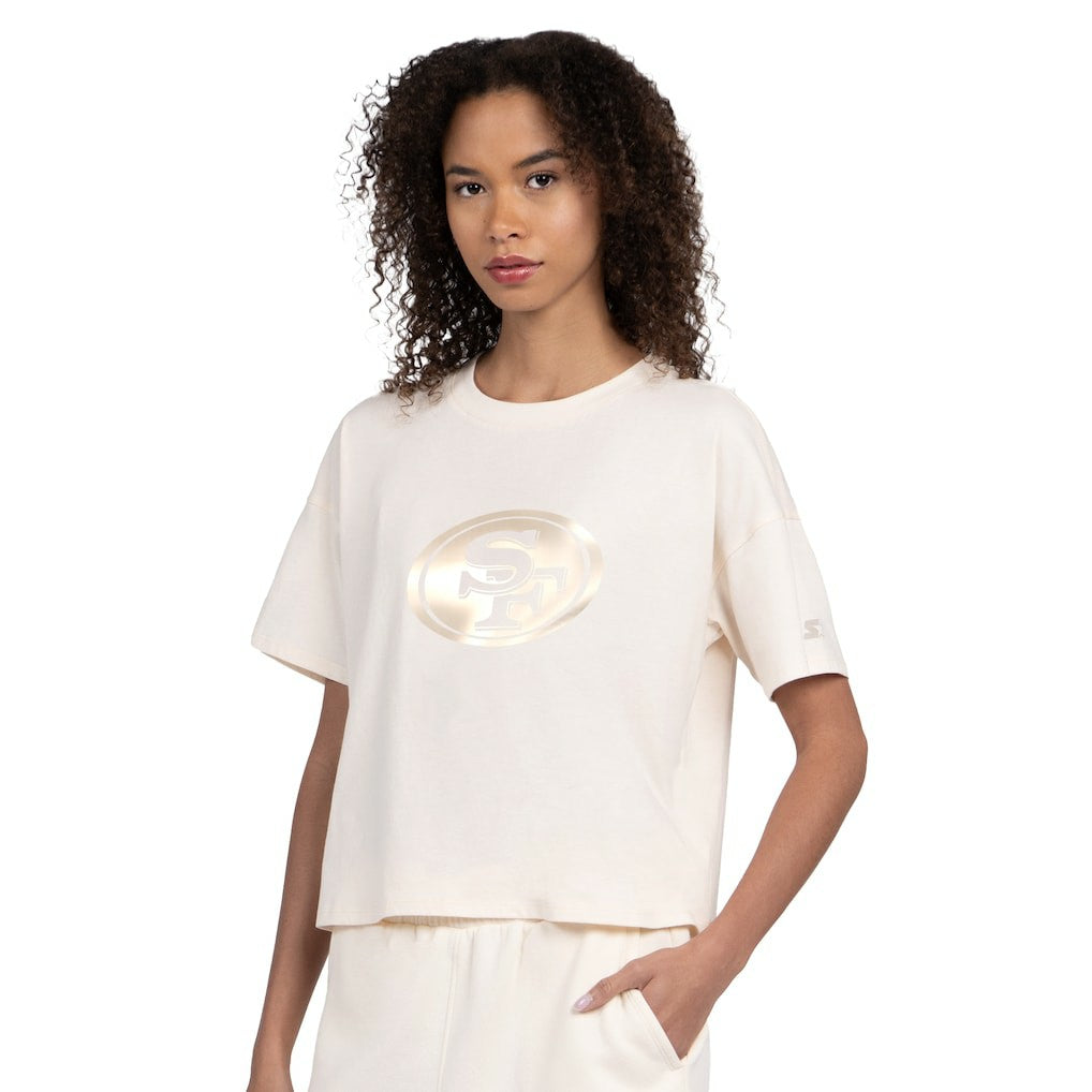 San Francisco 49ers Starter Women's Pastel Travel Boxy Cropped T-Shirt - Cream for sale