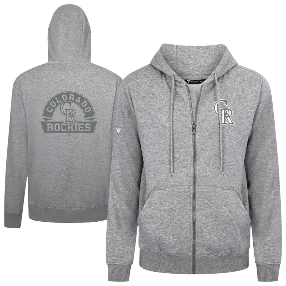 Colorado Rockies Levelwear Podium Chenille Logo Full-Zip Hoodie Heather Gray