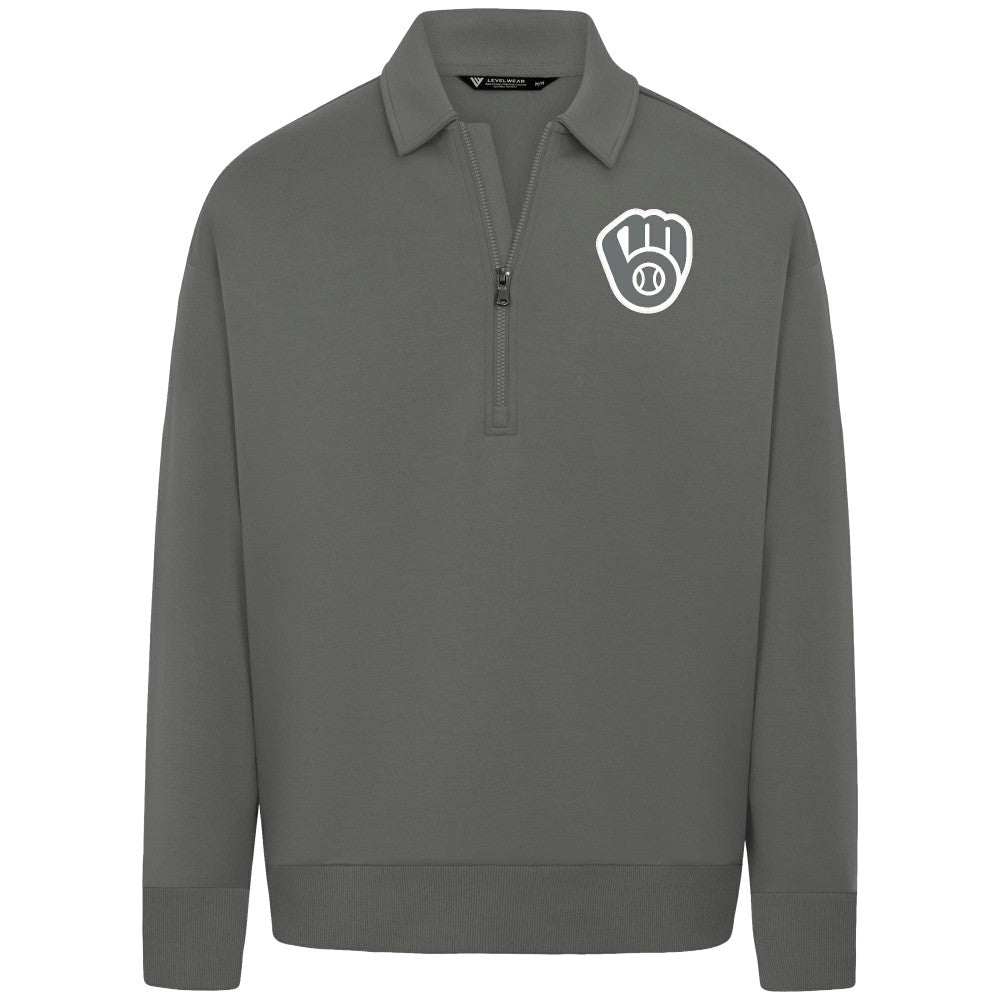 Milwaukee Brewers Levelwear Luxe Signature Quarter-Zip Chenille Logo Tri-Blend Sweatshirt Gray