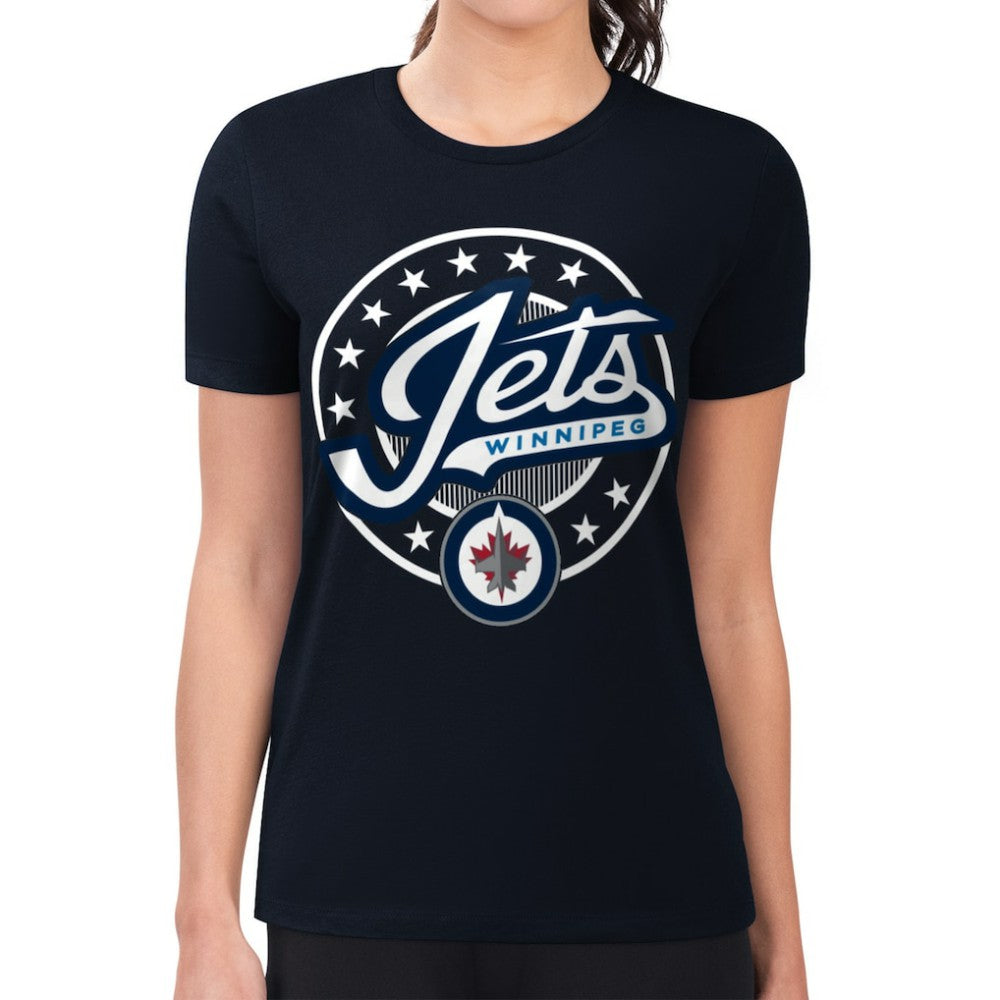 Winnipeg Jets G-III 4Her by Carl Banks Women's Super-Slim Lightweight Pinstripe Circle Graphic T-Shirt - Navy T-shirts