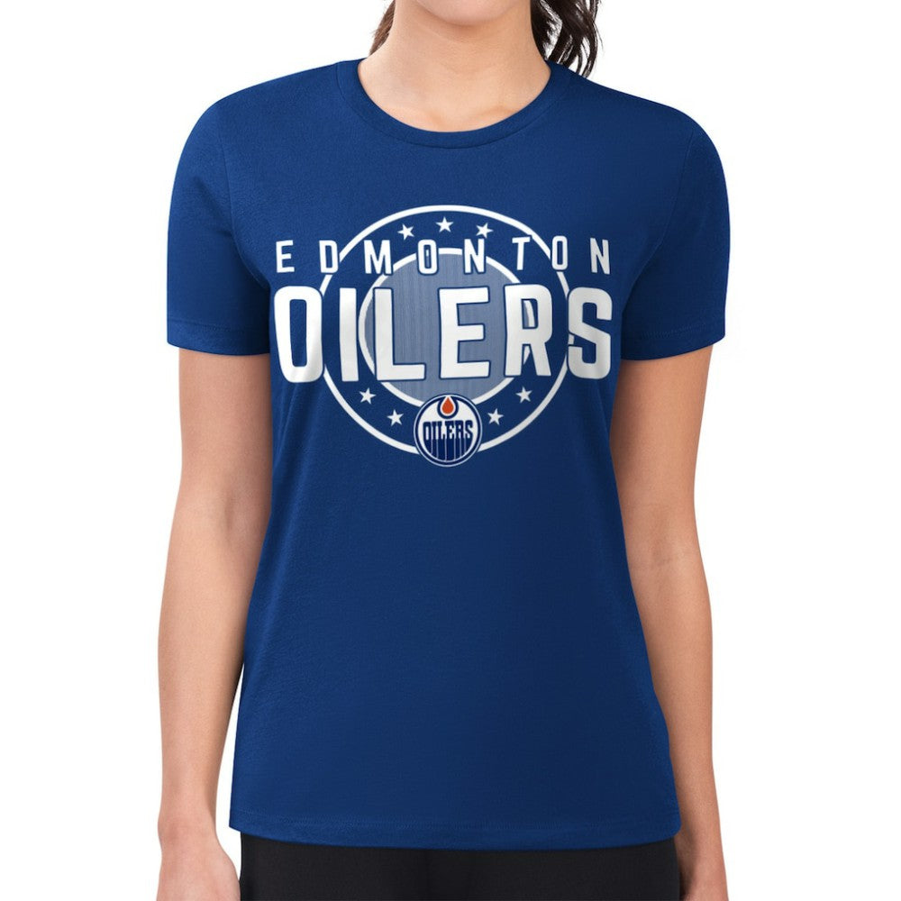 Edmonton Oilers G-III 4Her by Carl Banks Women's Super-Slim Lightweight Pinstripe Circle Graphic T-Shirt - Royal T-shirts