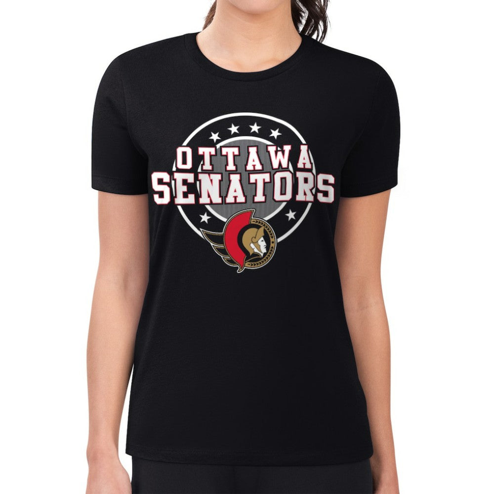 Ottawa Senators G-III 4Her by Carl Banks Women's Super-Slim Lightweight Pinstripe Circle Graphic T-Shirt - Black T-shirts