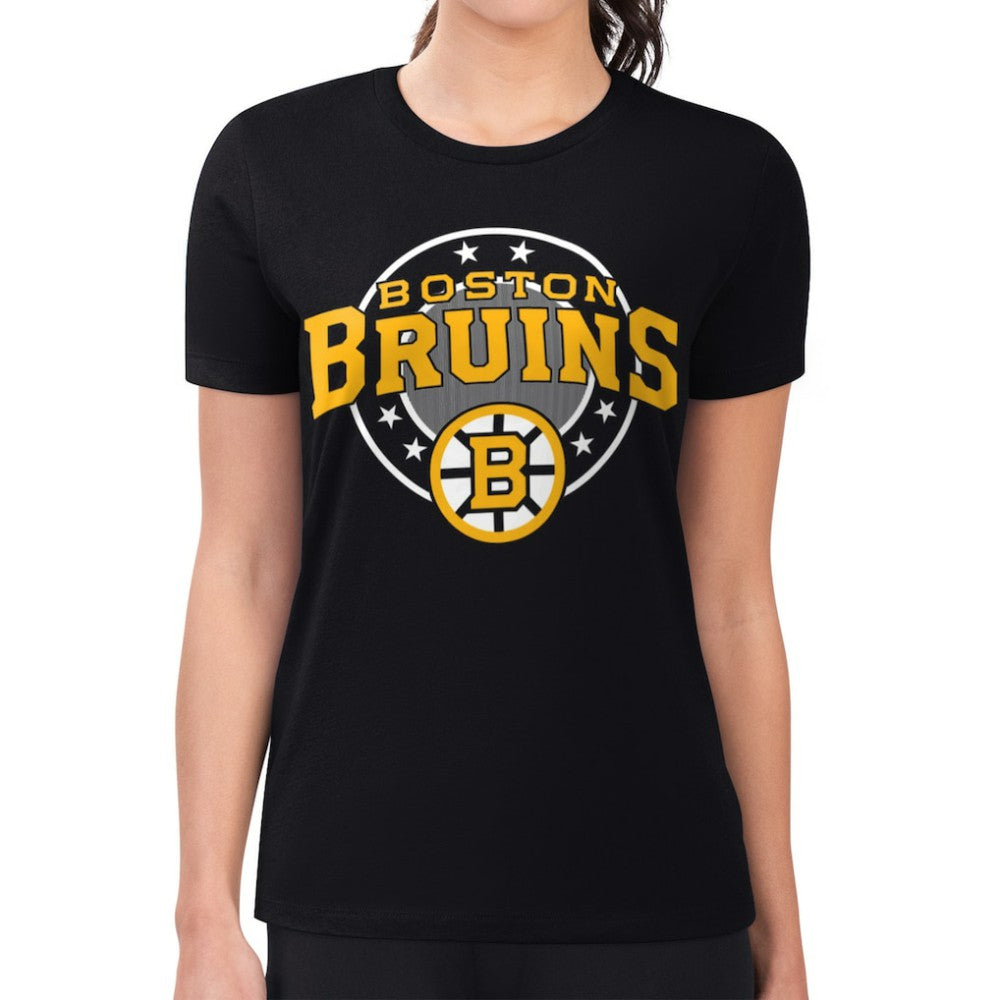 Boston Bruins G-III 4Her by Carl Banks Women's Super-Slim Lightweight Pinstripe Circle Graphic T-Shirt - Black T-shirts