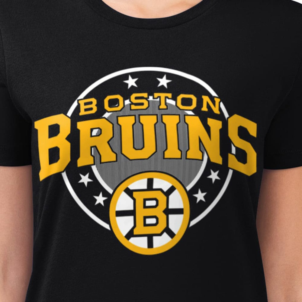 Boston Bruins G-III 4Her by Carl Banks Women's Super-Slim Lightweight Pinstripe Circle Graphic T-Shirt - Black T-shirts