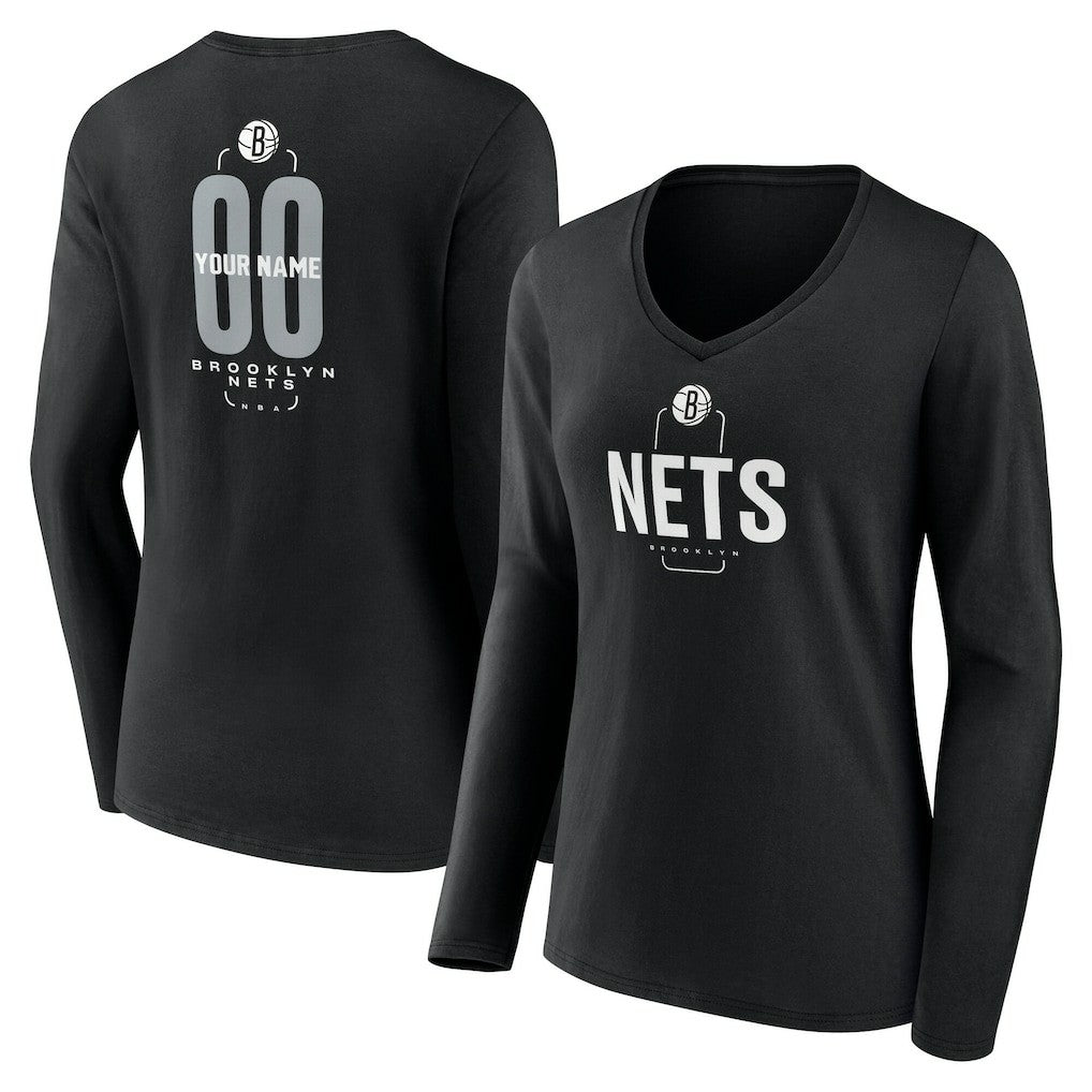 Brooklyn Nets Women's Center Court Name & Number Custom Long Sleeve V-Neck T-Shirt - Black sale