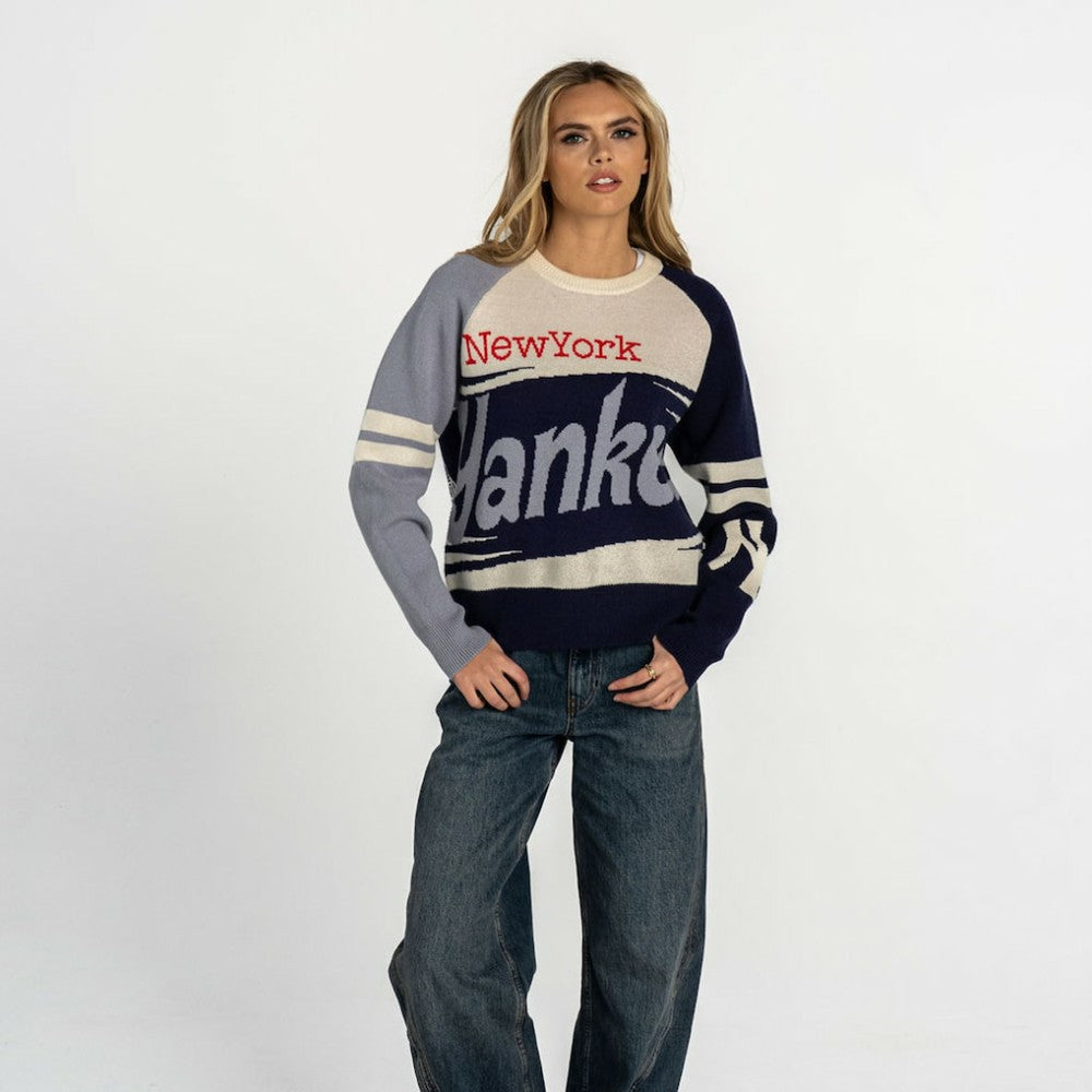 New York Yankees The Wild Collective Women's Boxy Jacquard Sweater Navy/Cream