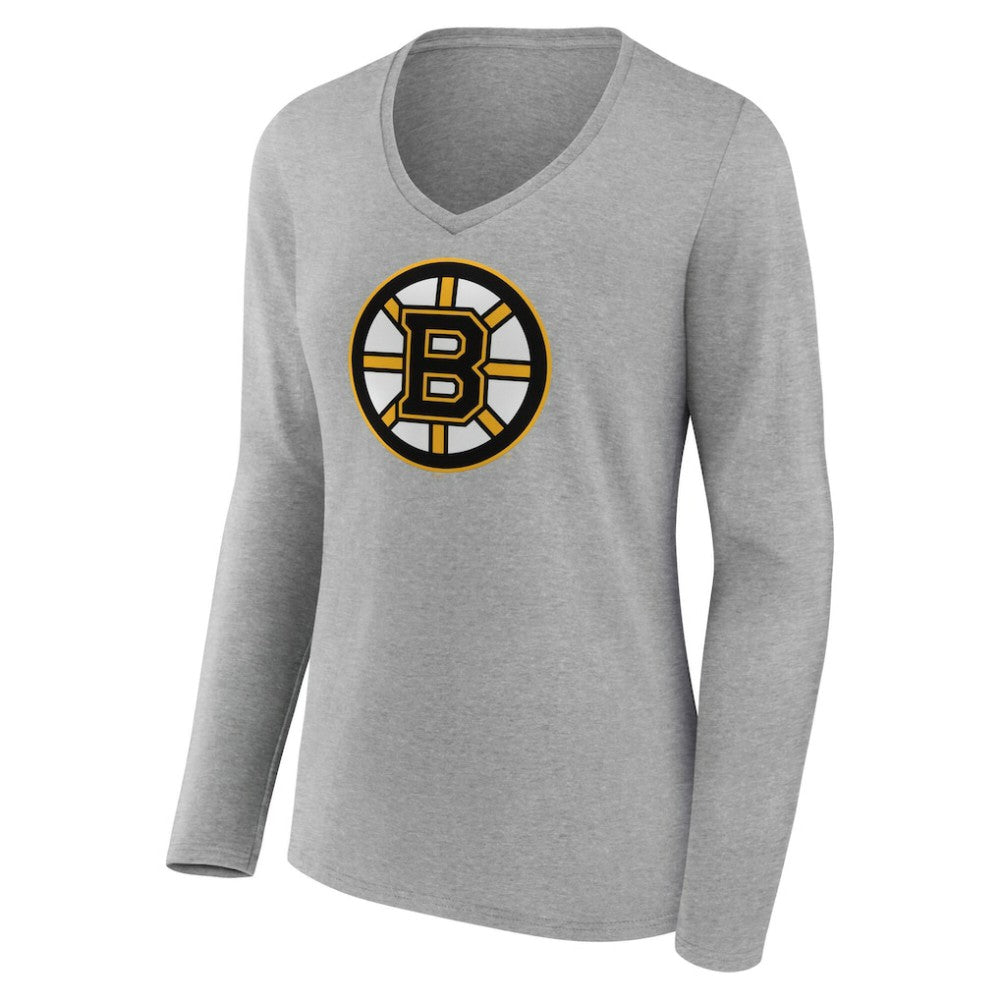 Boston Bruins Women's Primary Logo Long Sleeve V-Neck T-Shirt - Gray T-shirts