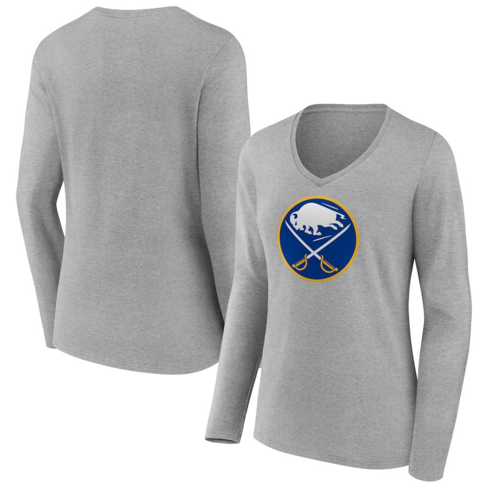 Buffalo Sabres Women's Primary Logo Long Sleeve V-Neck T-Shirt - Gray T-shirts