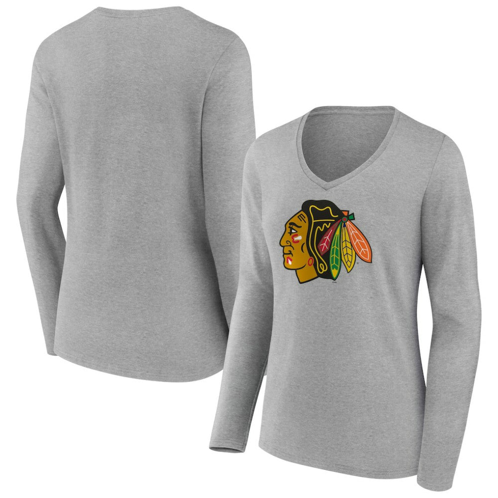 Chicago Blackhawks Women's Primary Logo Long Sleeve V-Neck T-Shirt - Gray T-shirts