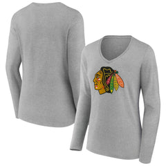 Chicago Blackhawks Women's Primary Logo Long Sleeve V-Neck T-Shirt - Gray T-shirts