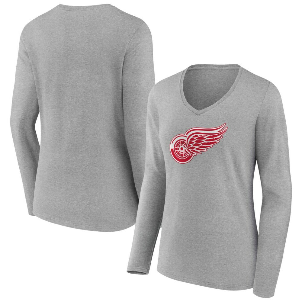 Detroit Red Wings Women's Primary Logo Long Sleeve V-Neck T-Shirt - Gray T-shirts