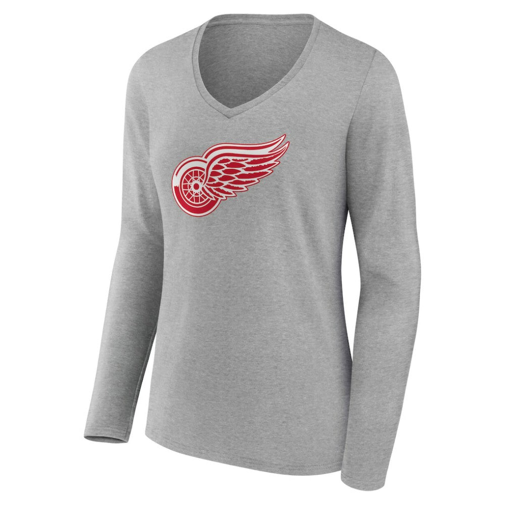 Detroit Red Wings Women's Primary Logo Long Sleeve V-Neck T-Shirt - Gray T-shirts