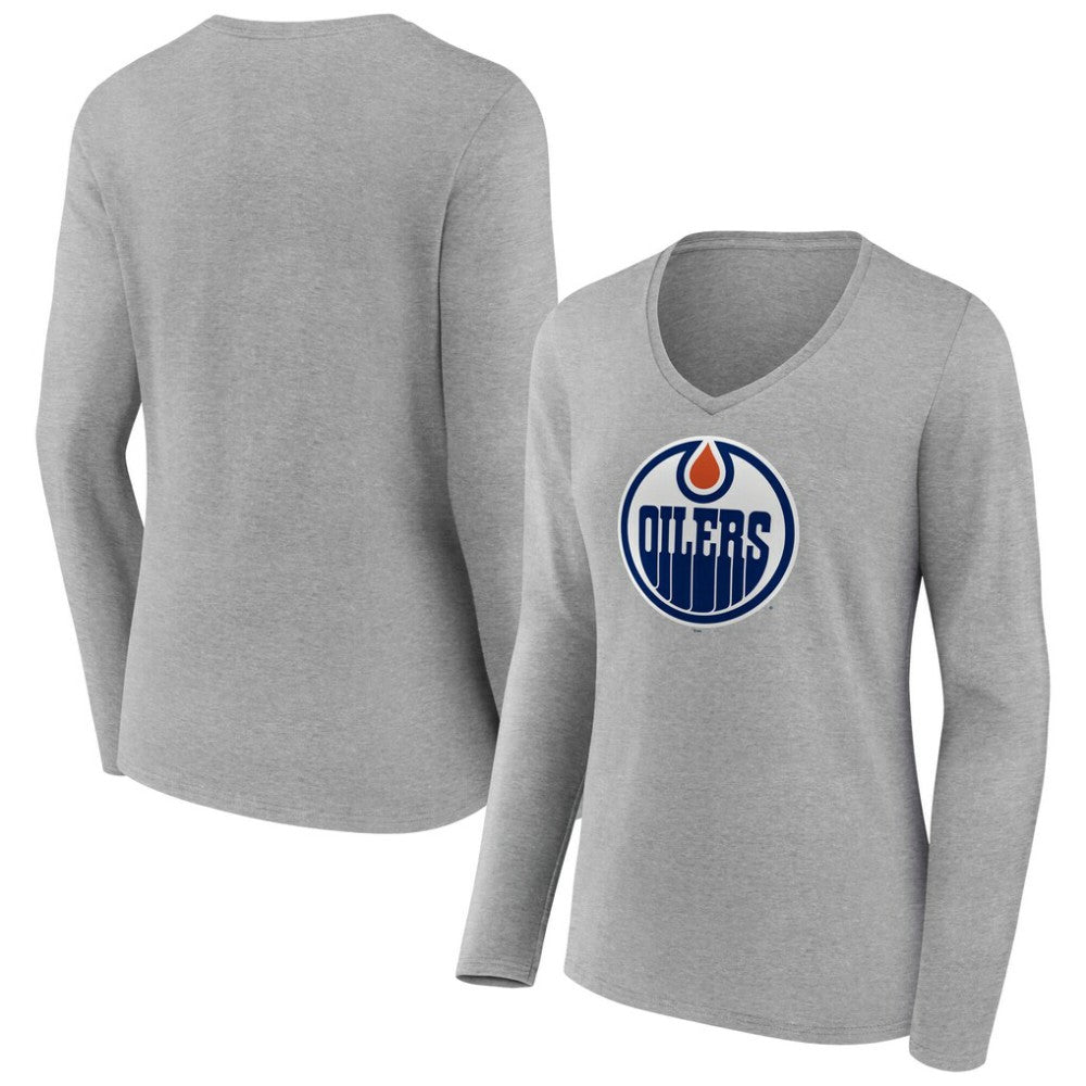 Edmonton Oilers Women's Primary Logo Long Sleeve V-Neck T-Shirt - Gray T-shirts
