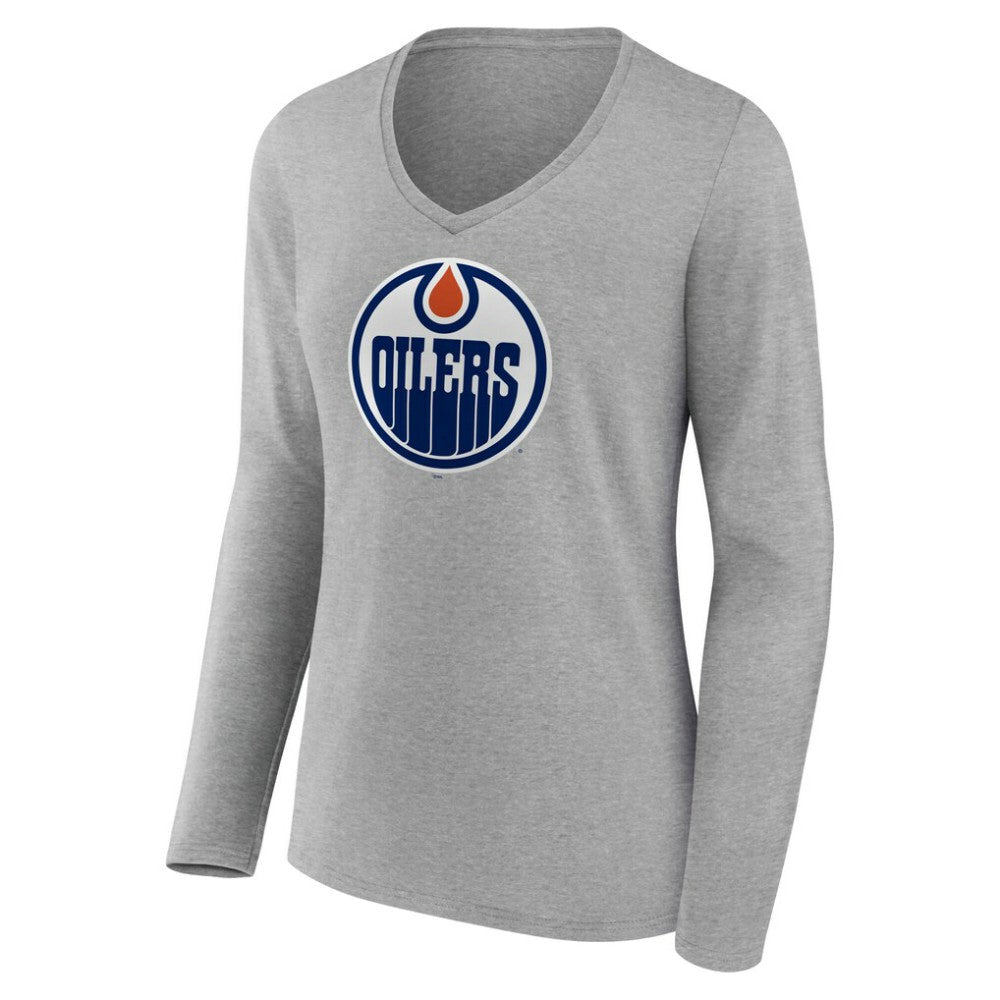 Edmonton Oilers Women's Primary Logo Long Sleeve V-Neck T-Shirt - Gray T-shirts