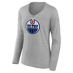 Edmonton Oilers Women's Primary Logo Long Sleeve V-Neck T-Shirt - Gray T-shirts