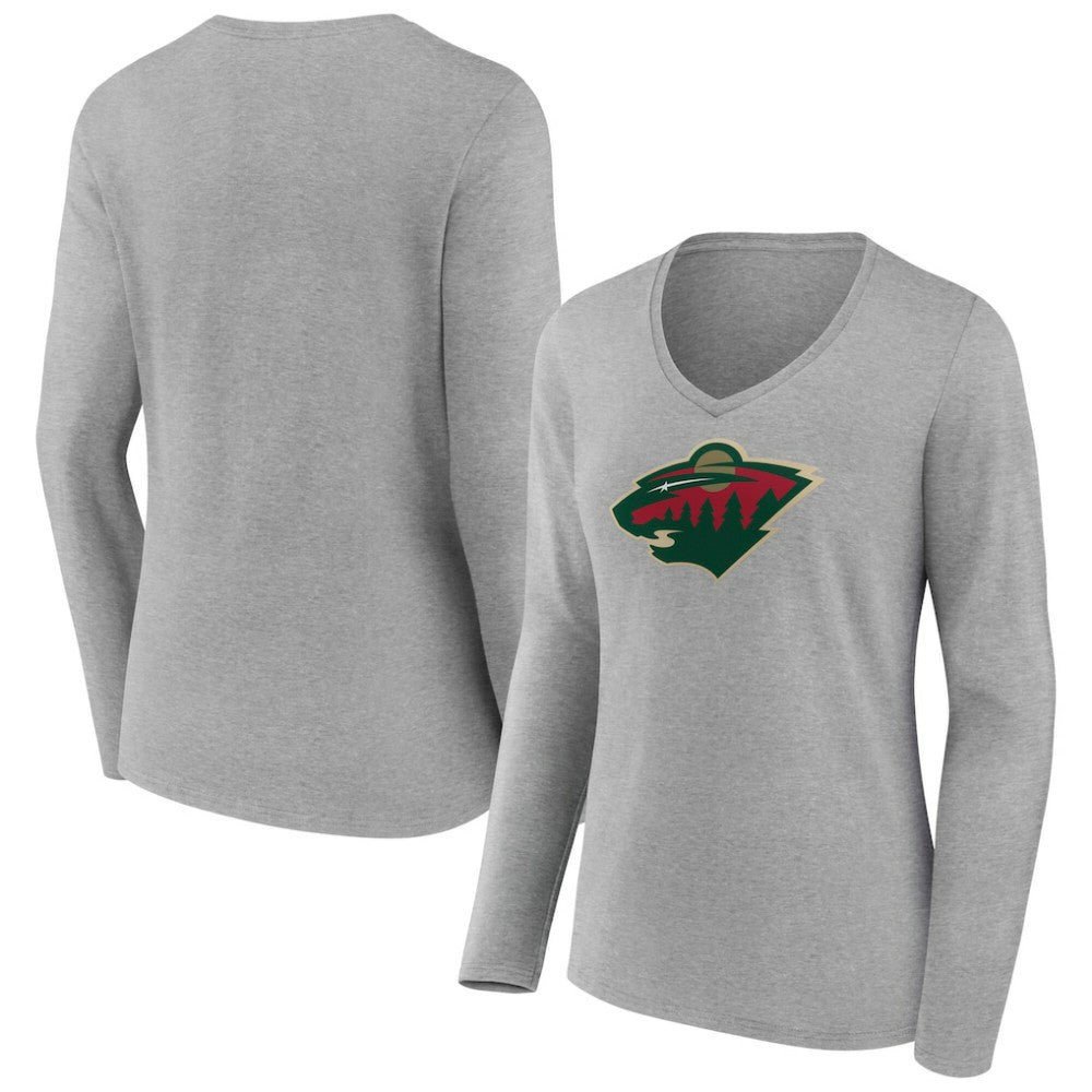 Minnesota Wild Women's Primary Logo Long Sleeve V-Neck T-Shirt - Gray T-shirts