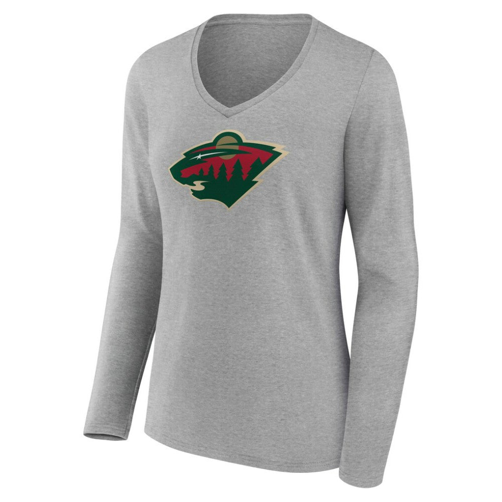 Minnesota Wild Women's Primary Logo Long Sleeve V-Neck T-Shirt - Gray T-shirts