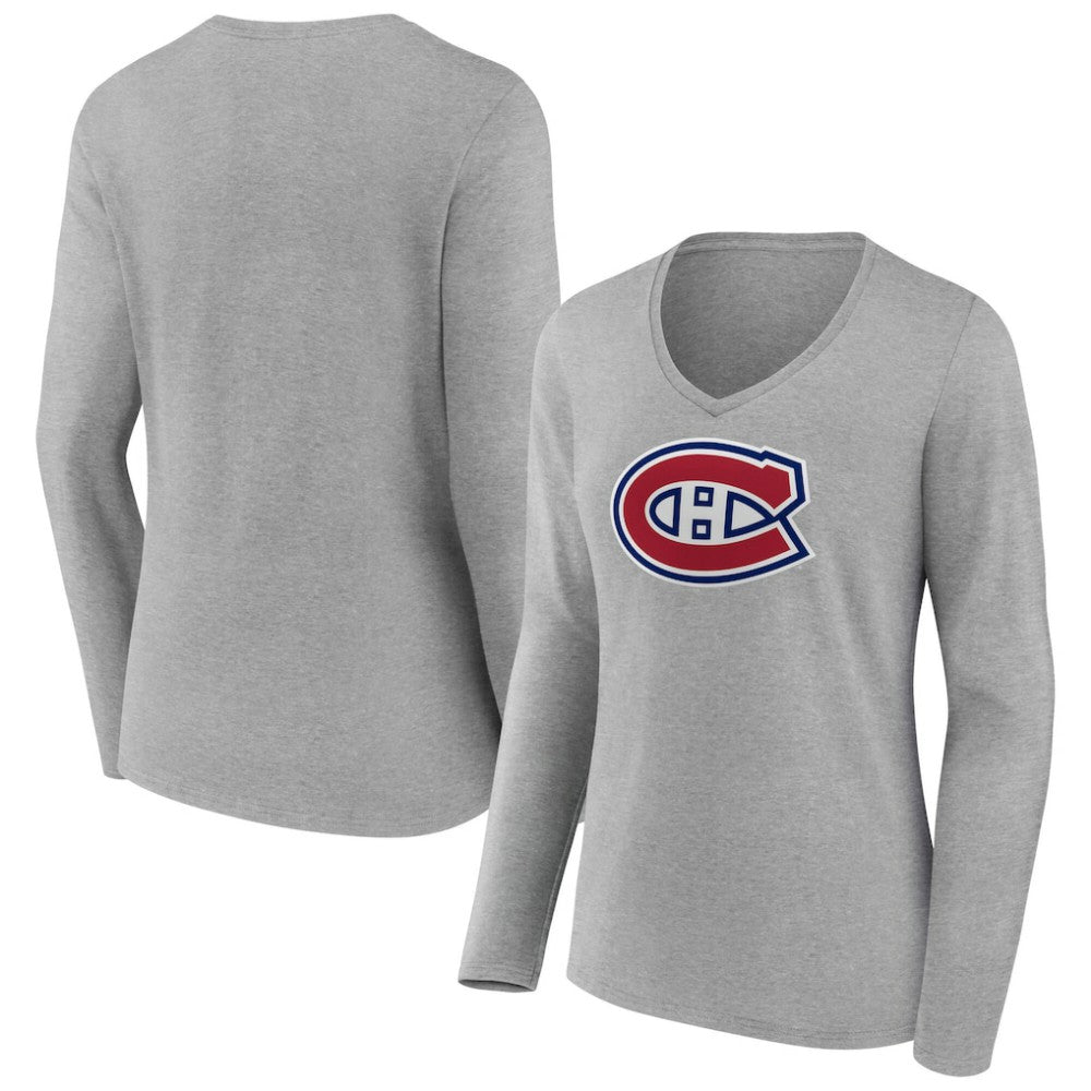 Montreal Canadiens Women's Primary Logo Long Sleeve V-Neck T-Shirt - Gray T-shirts