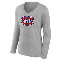 Montreal Canadiens Women's Primary Logo Long Sleeve V-Neck T-Shirt - Gray T-shirts