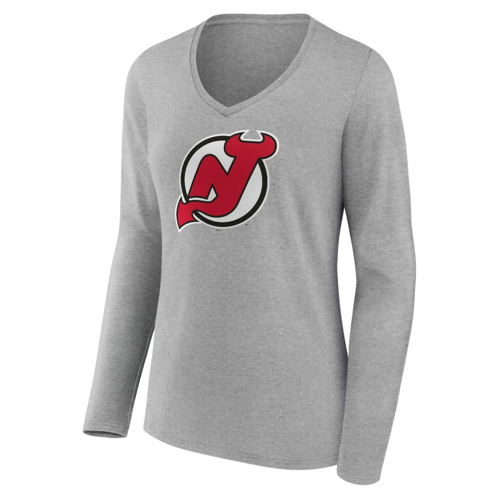 New Jersey Devils Women's Primary Logo Long Sleeve V-Neck T-Shirt - Gray T-shirts