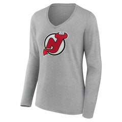 New Jersey Devils Women's Primary Logo Long Sleeve V-Neck T-Shirt - Gray T-shirts