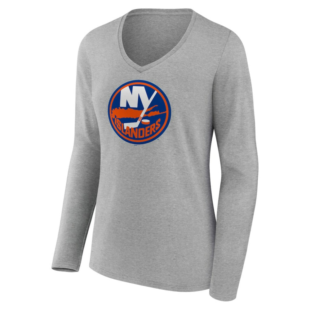 New York Islanders Women's Primary Logo Long Sleeve V-Neck T-Shirt - Gray T-shirts