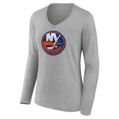 New York Islanders Women's Primary Logo Long Sleeve V-Neck T-Shirt - Gray T-shirts