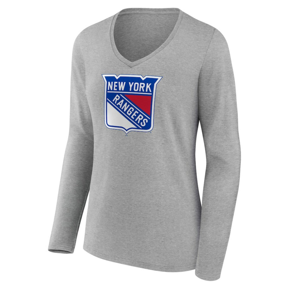 New York Rangers Women's Primary Logo Long Sleeve V-Neck T-Shirt - Gray T-shirts