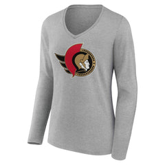 Ottawa Senators Women's Primary Logo Long Sleeve V-Neck T-Shirt - Gray T-shirts