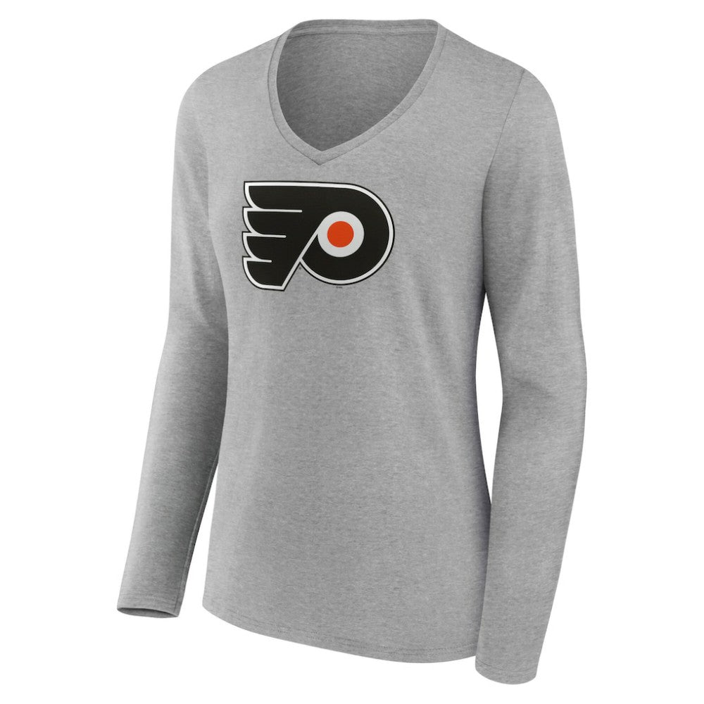 Philadelphia Flyers Women's Primary Logo Long Sleeve V-Neck T-Shirt - Gray T-shirts
