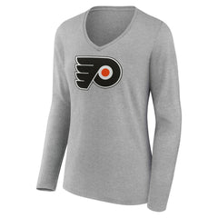 Philadelphia Flyers Women's Primary Logo Long Sleeve V-Neck T-Shirt - Gray T-shirts