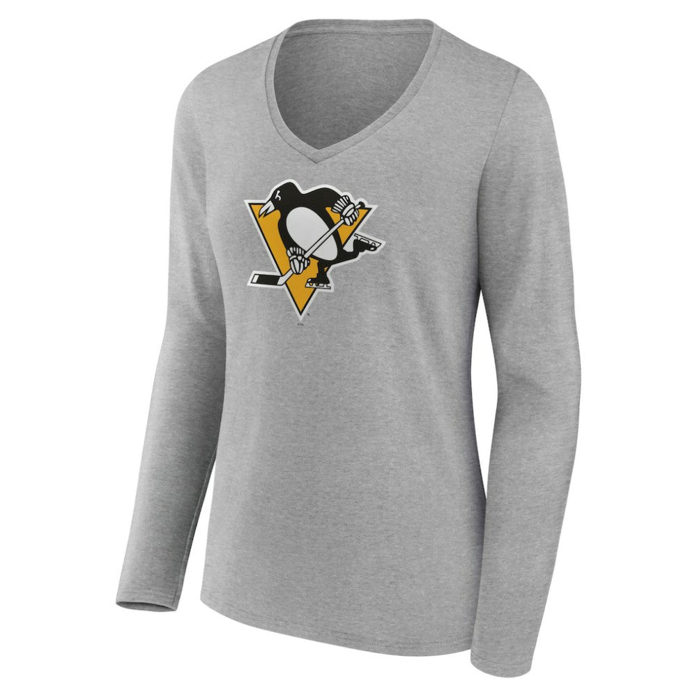 Pittsburgh Penguins Women's Primary Logo Long Sleeve V-Neck T-Shirt - Gray T-shirts
